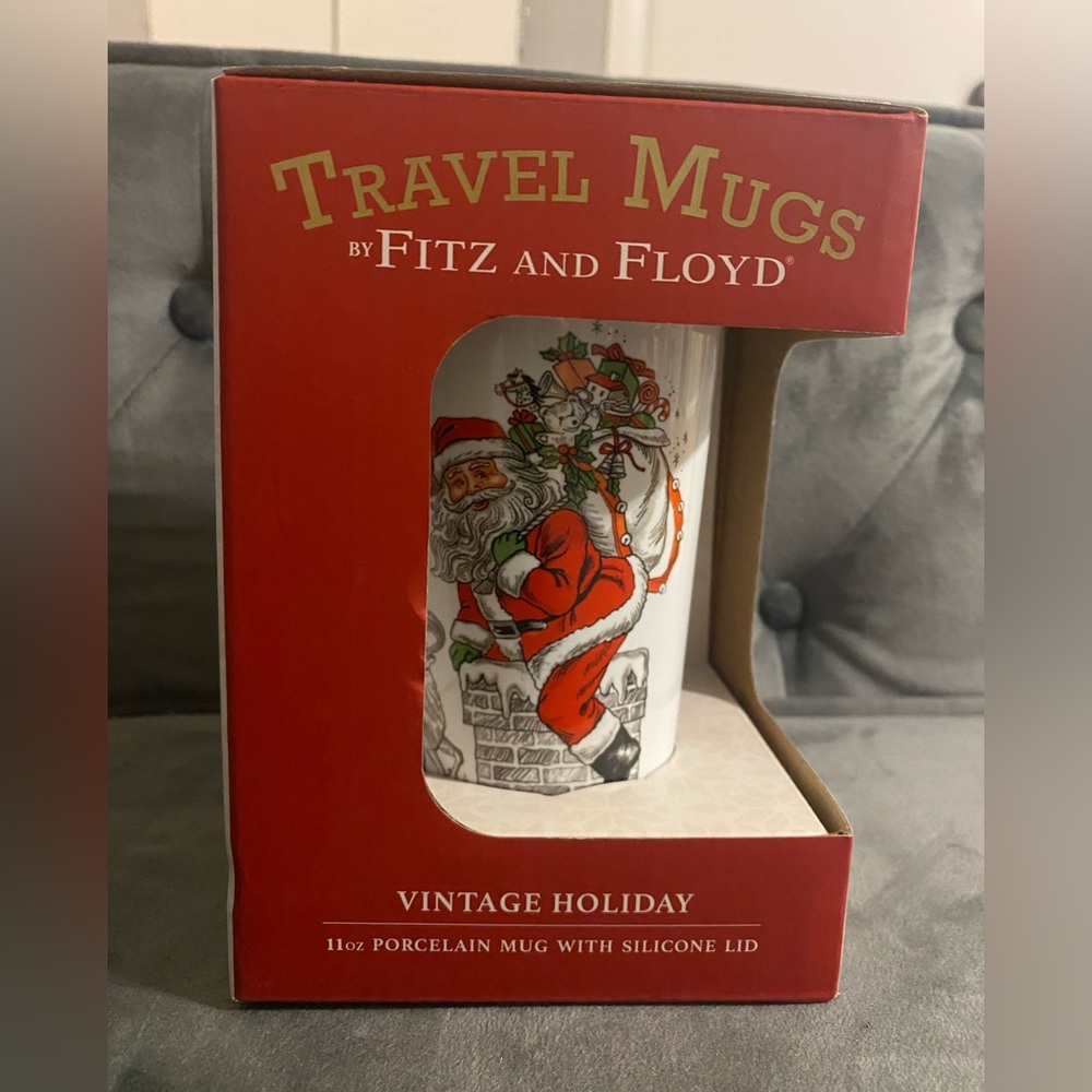 Fitz and Floyd Travel Mug Holiday Christmas Santa Reindeer New In Box 2016